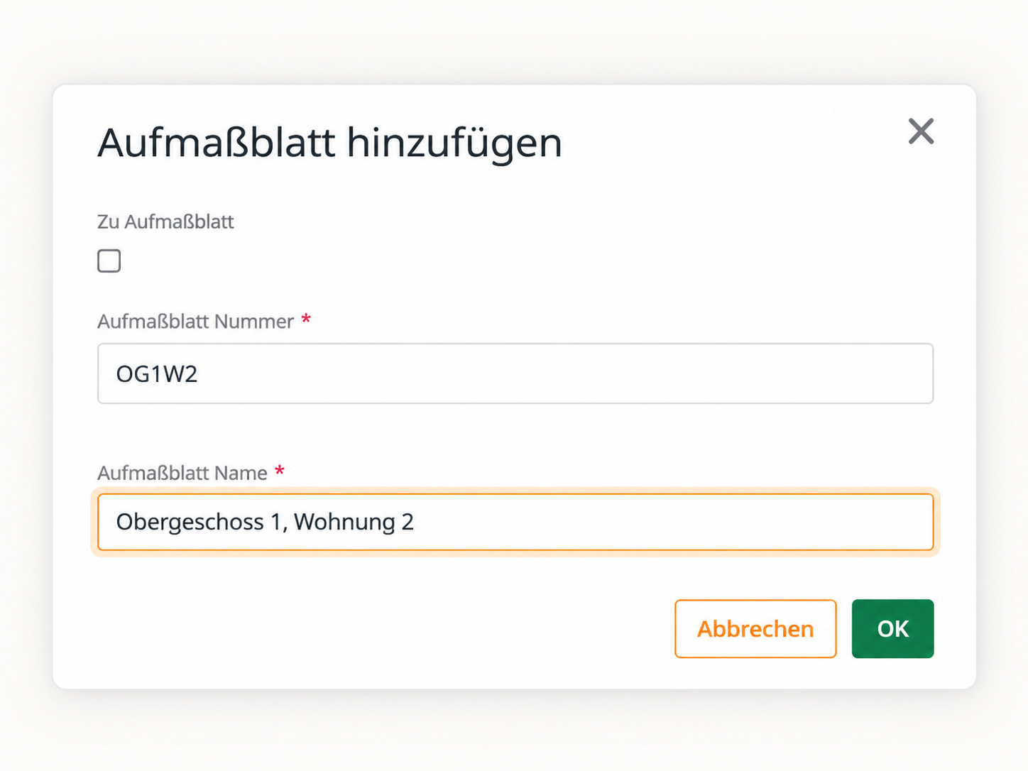cx.prime Screenshot: Aufmaßblatt anlegen