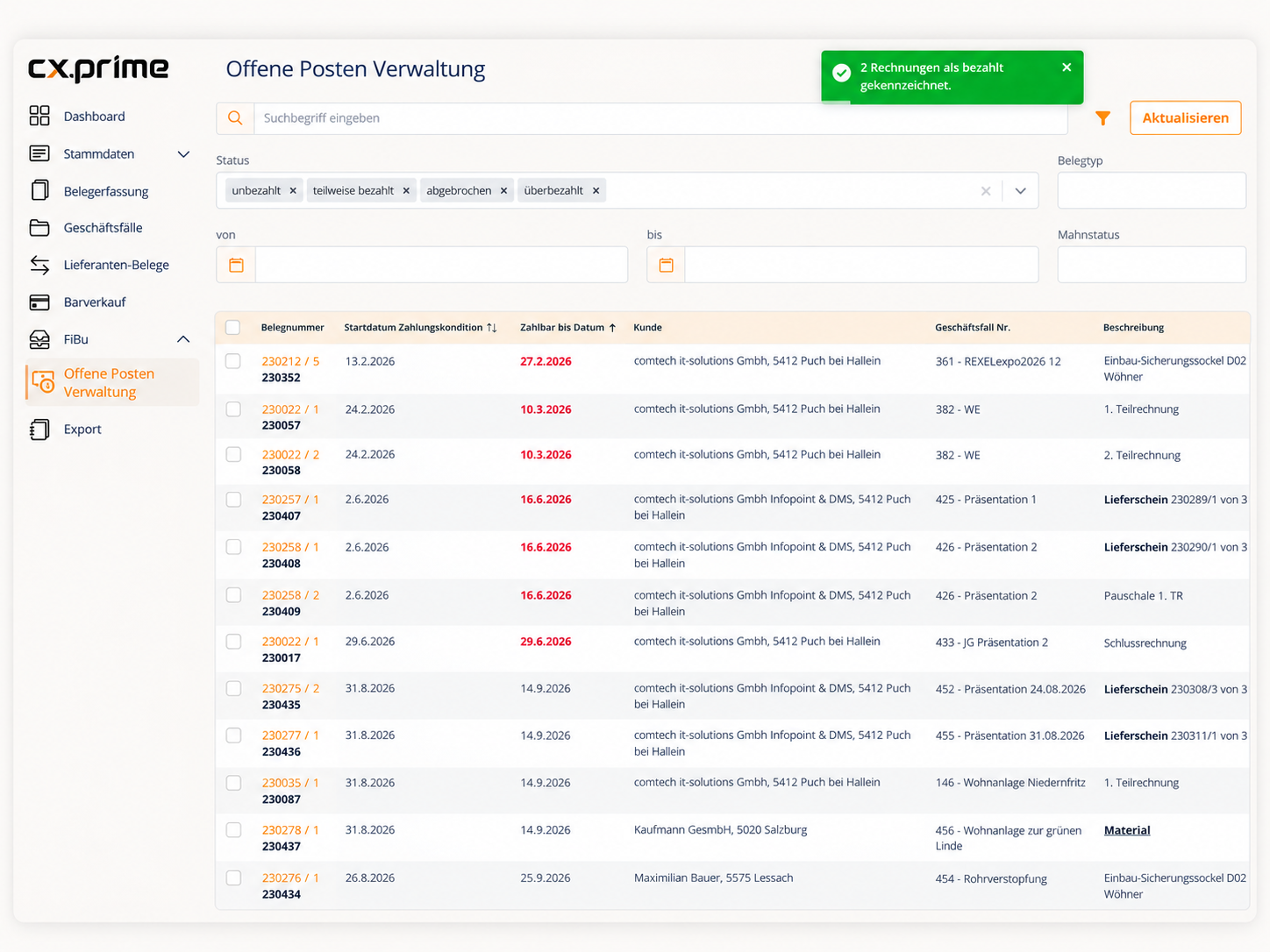 cx.prime Screenshot: Offene Postenverwaltung