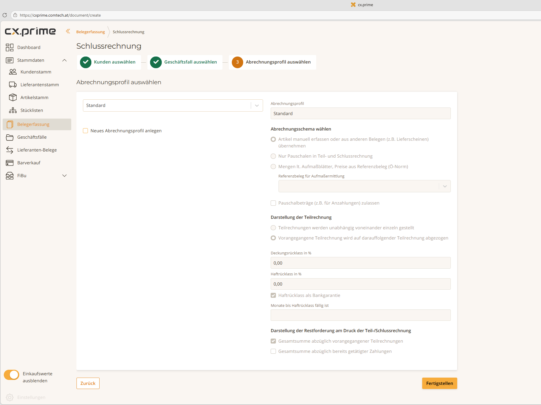 cx.prime Screenshot: Schlussrechnung erzeugen