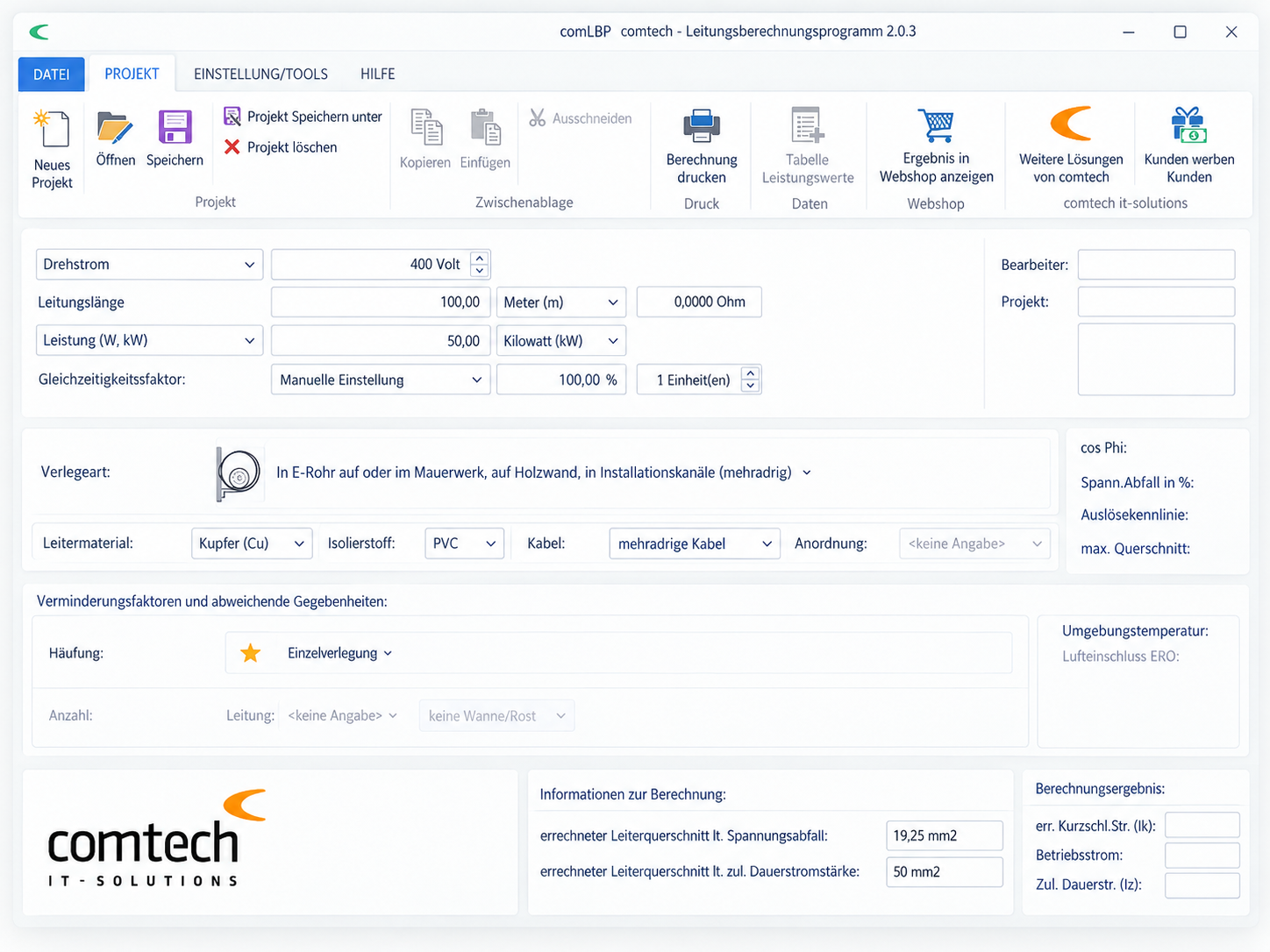 comLBP Screenshot: Leitungsberechnung
